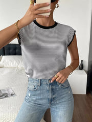 Black and white striped crew neck tee with black trim on sleeves and neckline.