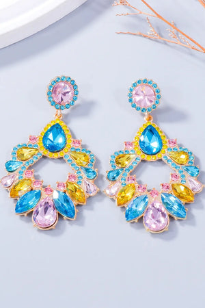 Floral-inspired drop earrings with multicolor crystals and gold alloy setting.