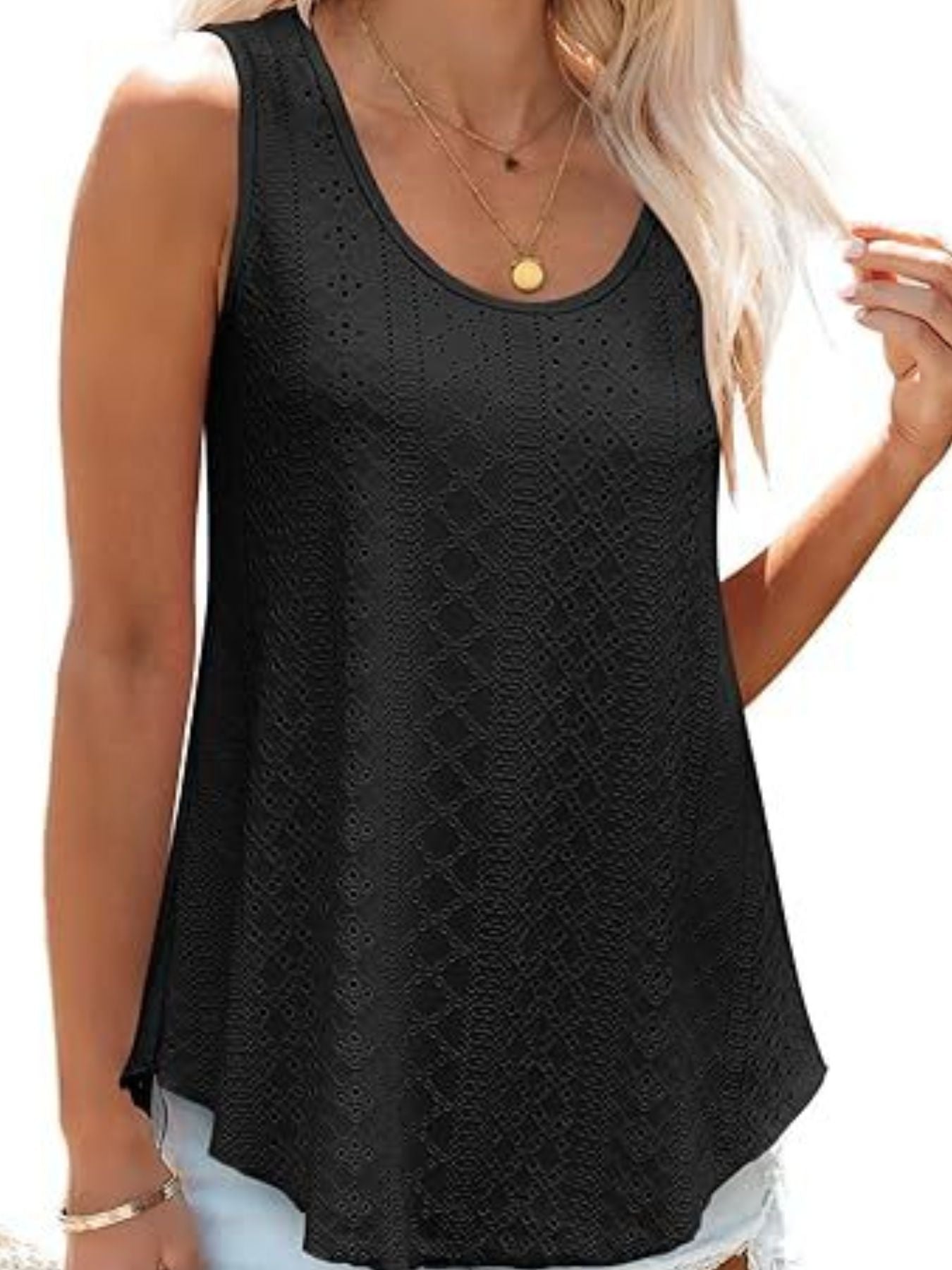 Black eyelet scoop neck tank top with a relaxed fit.