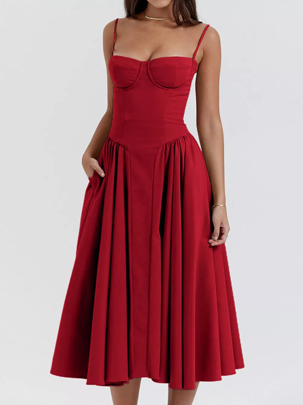 Deep Red sweetheart midi dress with spaghetti straps and full skirt.