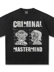 Black cotton t-shirt with oversized fit and bold graphic print of "CRIMINAL MASTERMIND" mugshot.