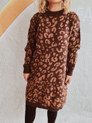 Leopard knit mini dress in caramel with long sleeves and a crew neck.