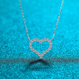 Silver open heart moissanite pavé pendant necklace with delicate chain.