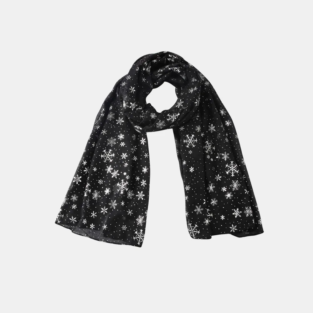 Black scarf with silver snowflake print