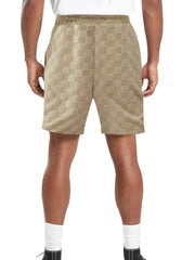 Men's khaki textured checkered chino shorts with drawstring waist.