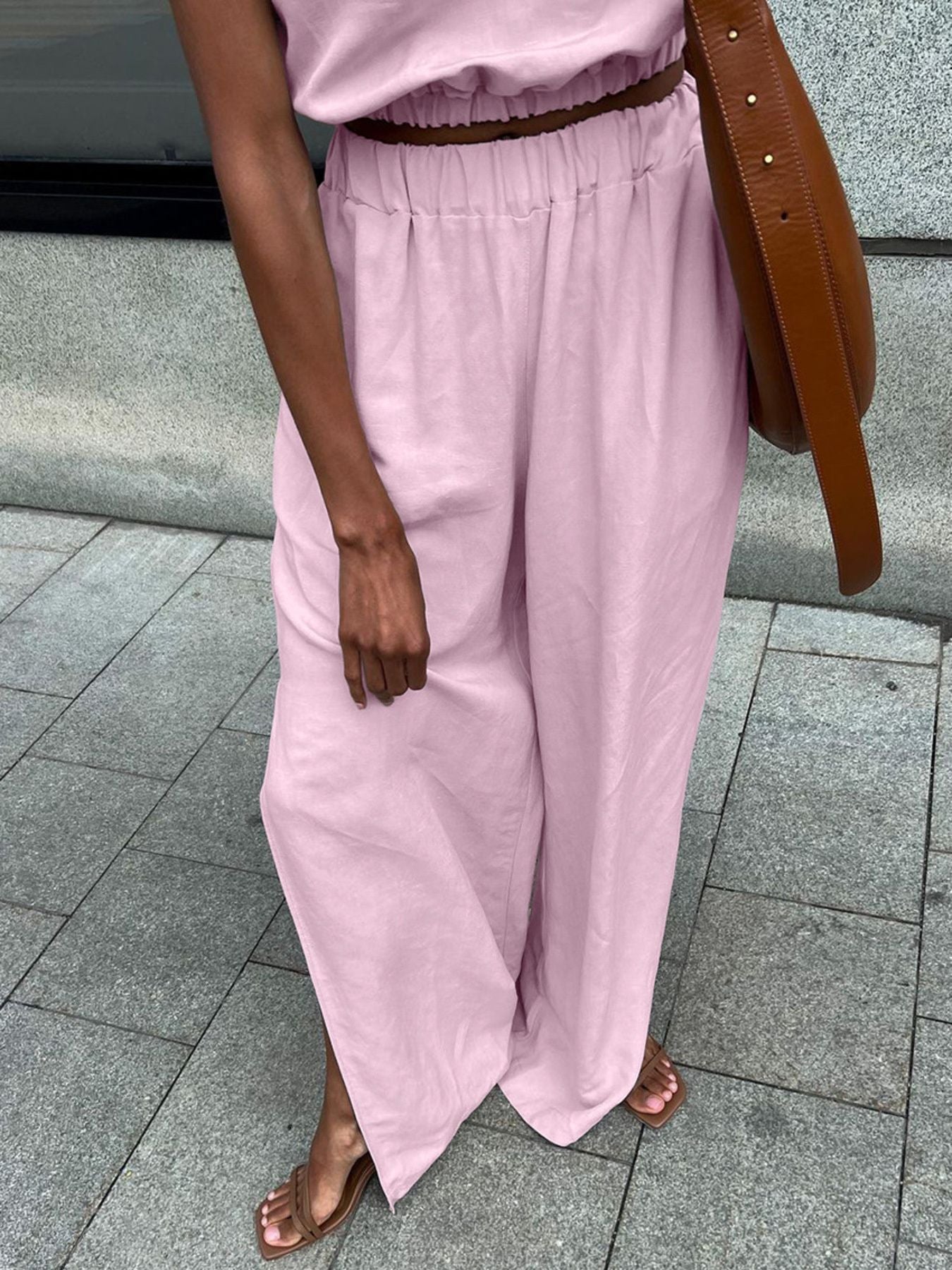 Pink cotton crop top and wide-leg pants set with elastic waistband.