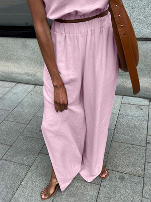 Pink cotton crop top and wide-leg pants set with elastic waistband.