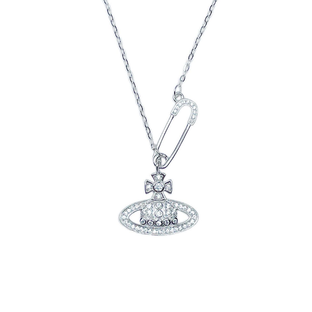 Silver pendant necklace with orb and safety pin charms, encrusted with crystals.