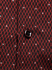 Men's slim fit short sleeve shirt in black with red diamond pattern and white dots.