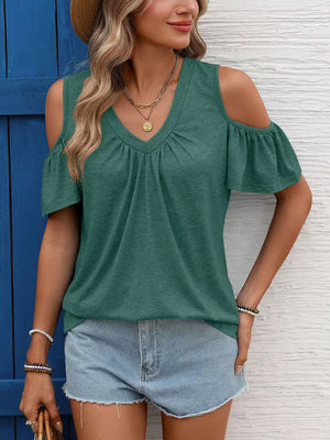 Dark green ruched cold shoulder t-shirt with V-neck and flutter sleeves.