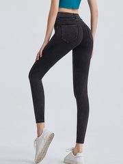 Denim illusion leggings in charcoal with a high waist and back pockets.