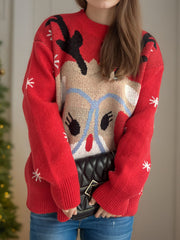 Red acrylic reindeer graphic festive knit sweater with snowflake details.
