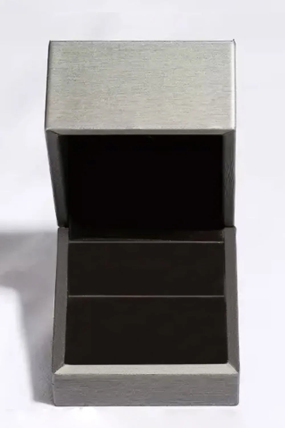 Open gray and dark wood ring box with black interior