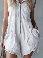 White hooded sleeveless romper with ruffled pockets and zip front