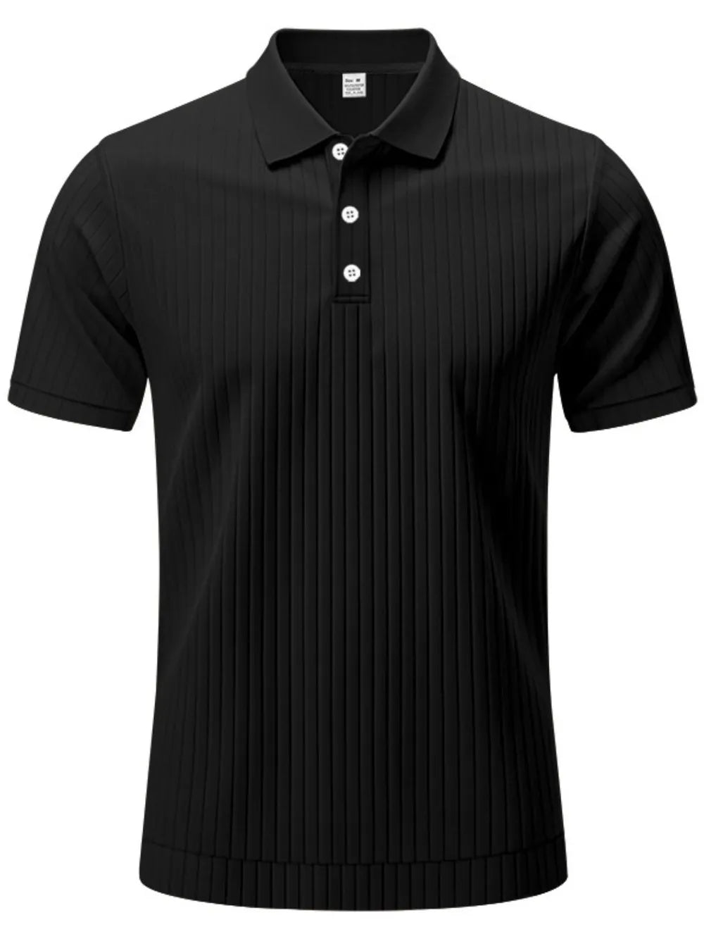 Black ribbed polo shirt with short sleeves and white buttons