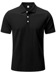 Black ribbed polo shirt with short sleeves and white buttons