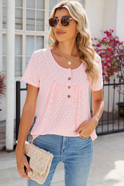 Blush pink eyelet yoke gathered henley shirt with short sleeves and button detail.