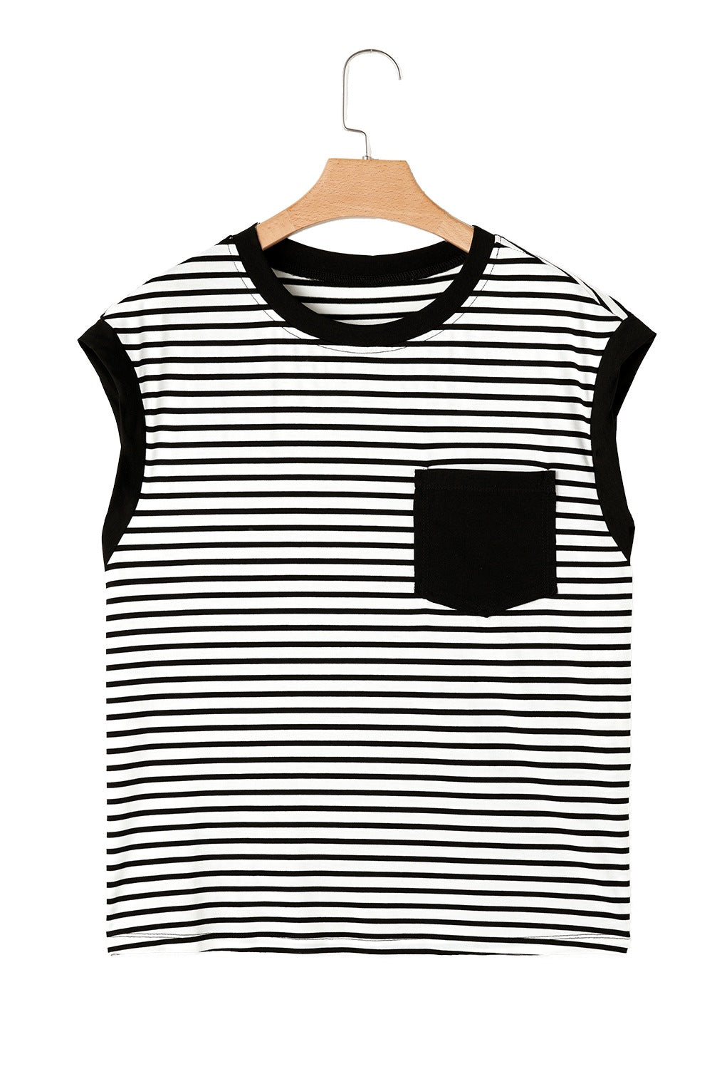 Black and white striped t-shirt with black trim and a chest pocket.