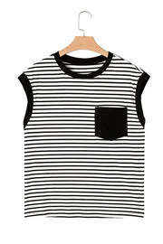 Black and white striped t-shirt with black trim and a chest pocket.