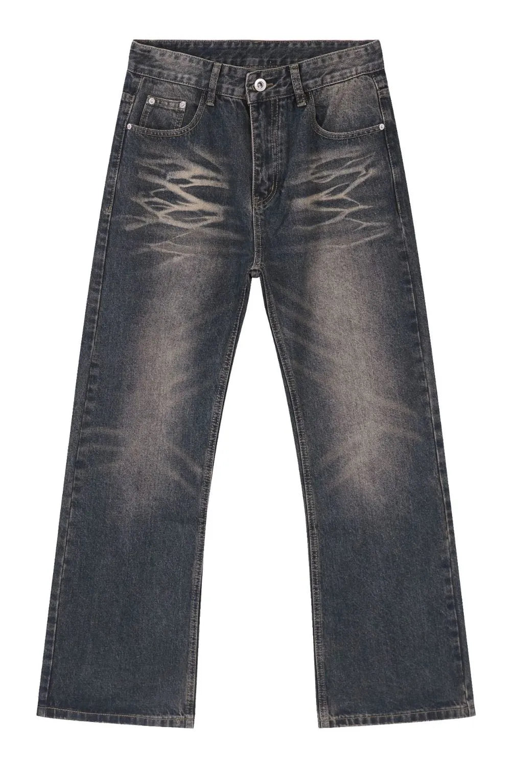 Faded wash wide-leg jeans in medium blue denim with a distressed pattern.
