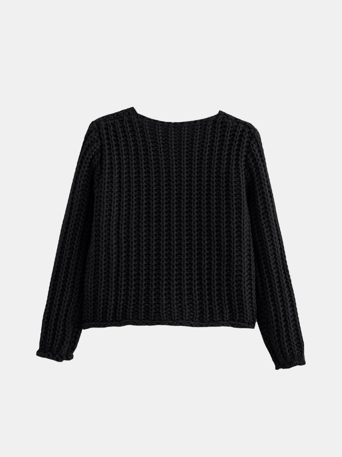 Black chunky knit cardigan with ribbed texture and long sleeves