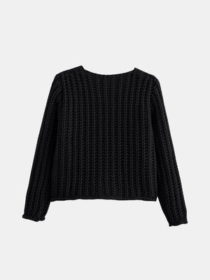 Black chunky knit cardigan with ribbed texture and long sleeves