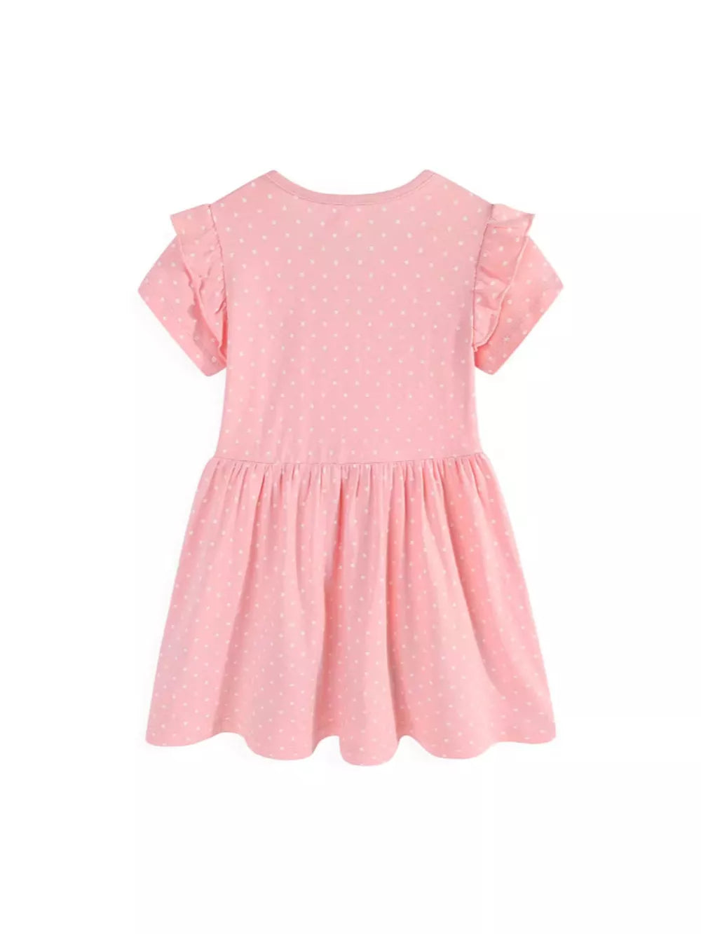 Pink polka dot toddler dress with ruffled short sleeves and gathered skirt.