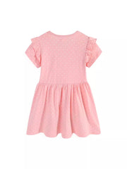 Pink polka dot toddler dress with ruffled short sleeves and gathered skirt.