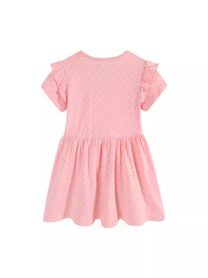 Pink polka dot toddler dress with ruffled short sleeves and gathered skirt.