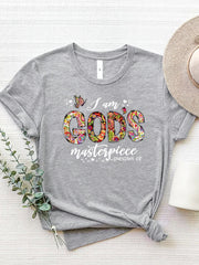 Light Gray t-shirt with floral typography graphic that reads "I am GOD's masterpiece".