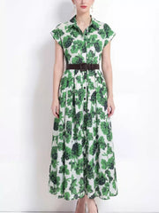 Green botanical print collared midi dress with short sleeves and button-down front.