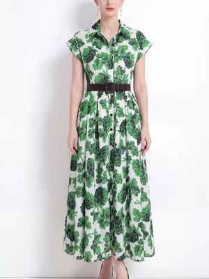 Green botanical print collared midi dress with short sleeves and button-down front.