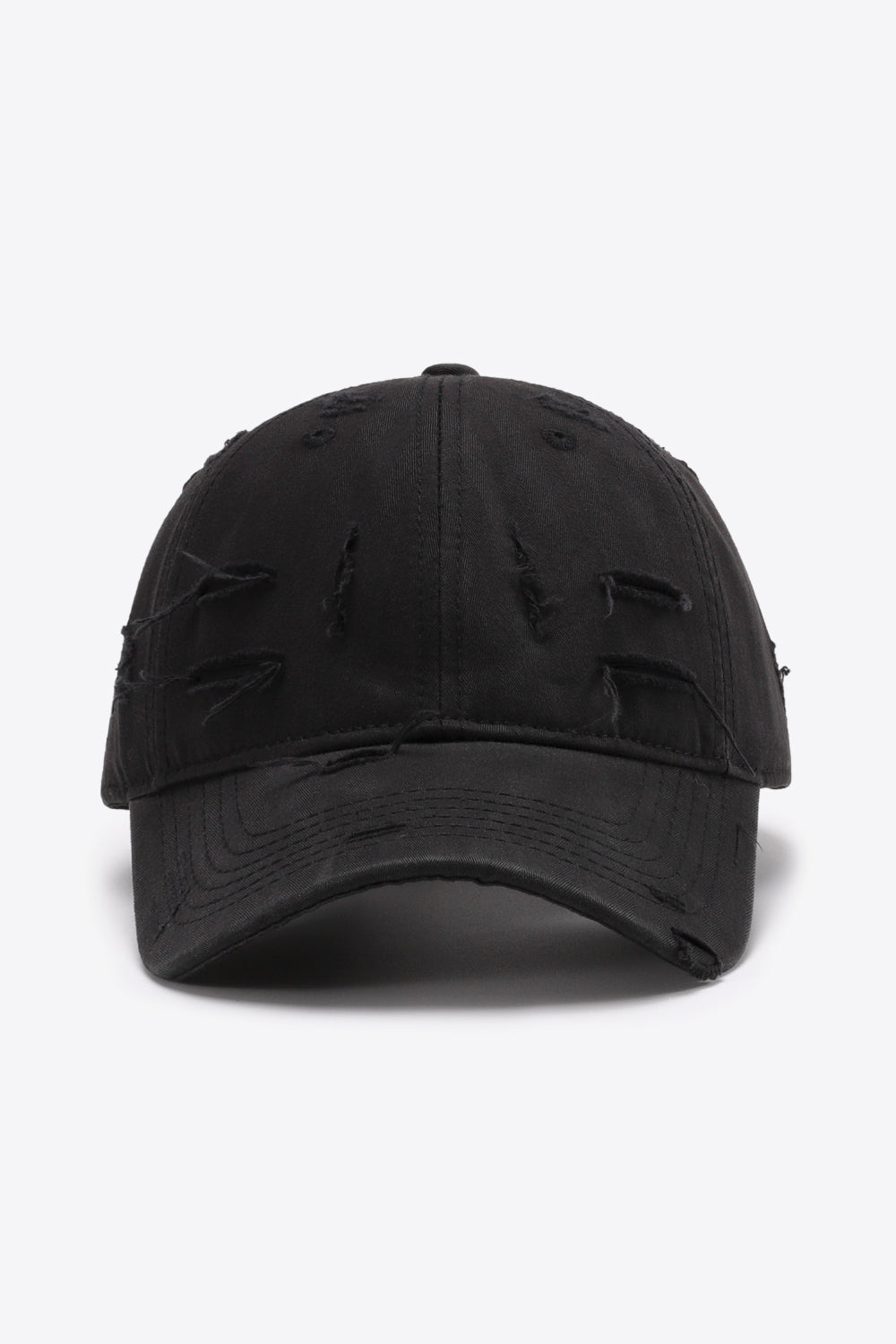 Black distressed baseball cap with adjustable strap