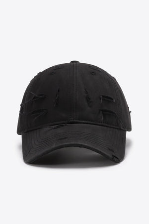 Black distressed baseball cap with adjustable strap