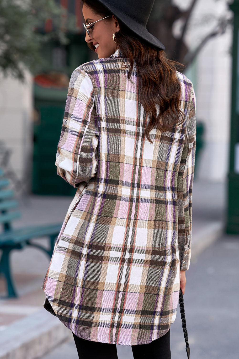 Oversized plaid shirt jacket tunic with pink, brown, and purple plaid pattern.