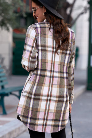 Oversized plaid shirt jacket tunic with pink, brown, and purple plaid pattern.