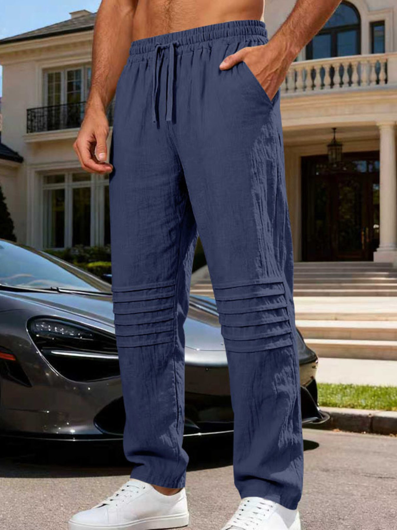 Men's navy blue linen-blend drawstring sweatpants with pleated detail
