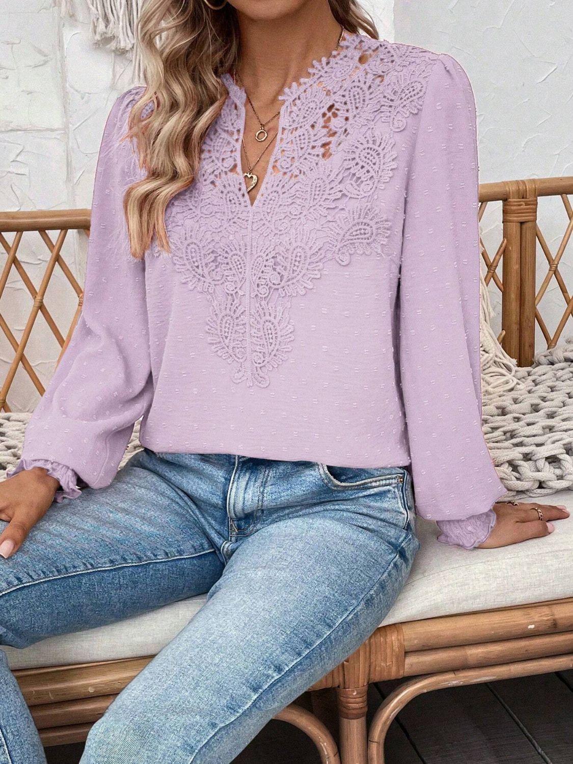 Embroidered yoke blouse in Pink Purple with puff sleeves and textured fabric