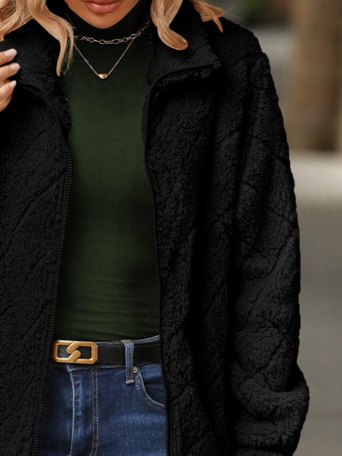 Black textured teddy zip-up jacket with a stand-up collar.