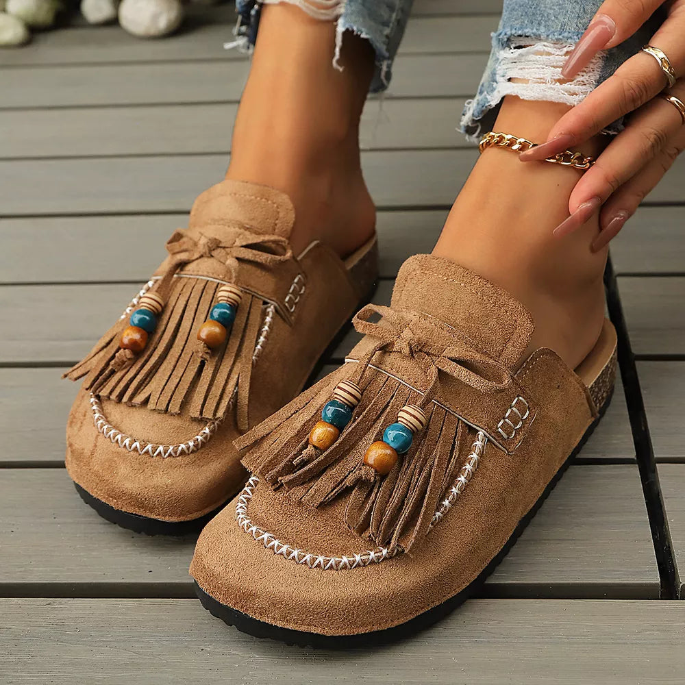 Tassel Round Toe Slip-ons, fabric detail