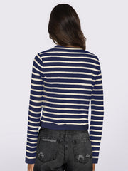 Navy and white striped cropped cardigan with long sleeves.