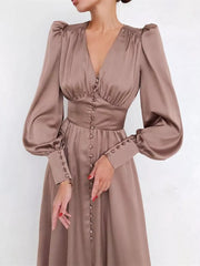 Elegant V-neck Puff Sleeve Button-down Midi Dress