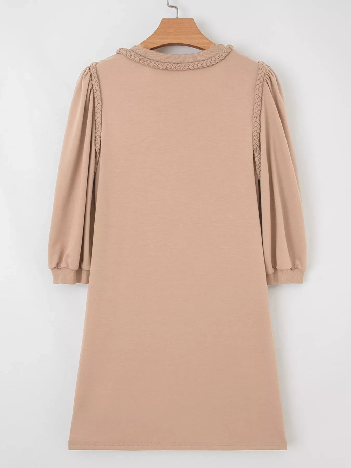 Braided puff sleeve khaki dress with braided neckline detail.