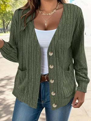 Moss ribbed knit button-down cardigan with pockets and a V-neck.