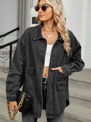 Black oversized denim trucker jacket with hood and buttoned pockets