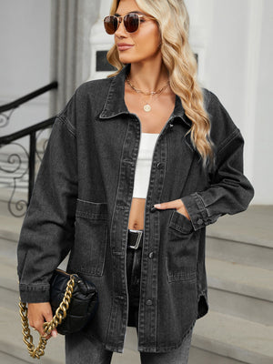 Black oversized denim trucker jacket with hood and buttoned pockets