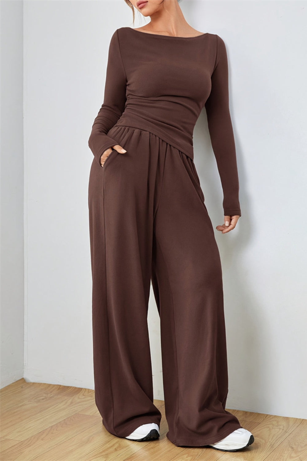 Dark Brown boat neck loungewear set with wide leg pants and long sleeves.