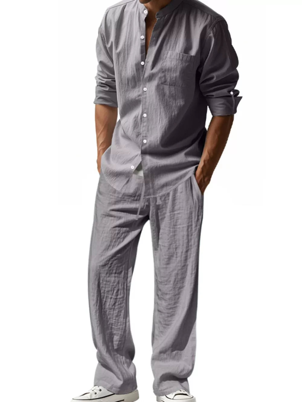 Men's gray linen blend casual two-piece set with band collar shirt and drawstring pants.