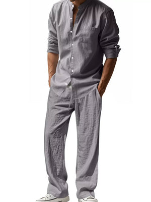 Men's gray linen blend casual two-piece set with band collar shirt and drawstring pants.
