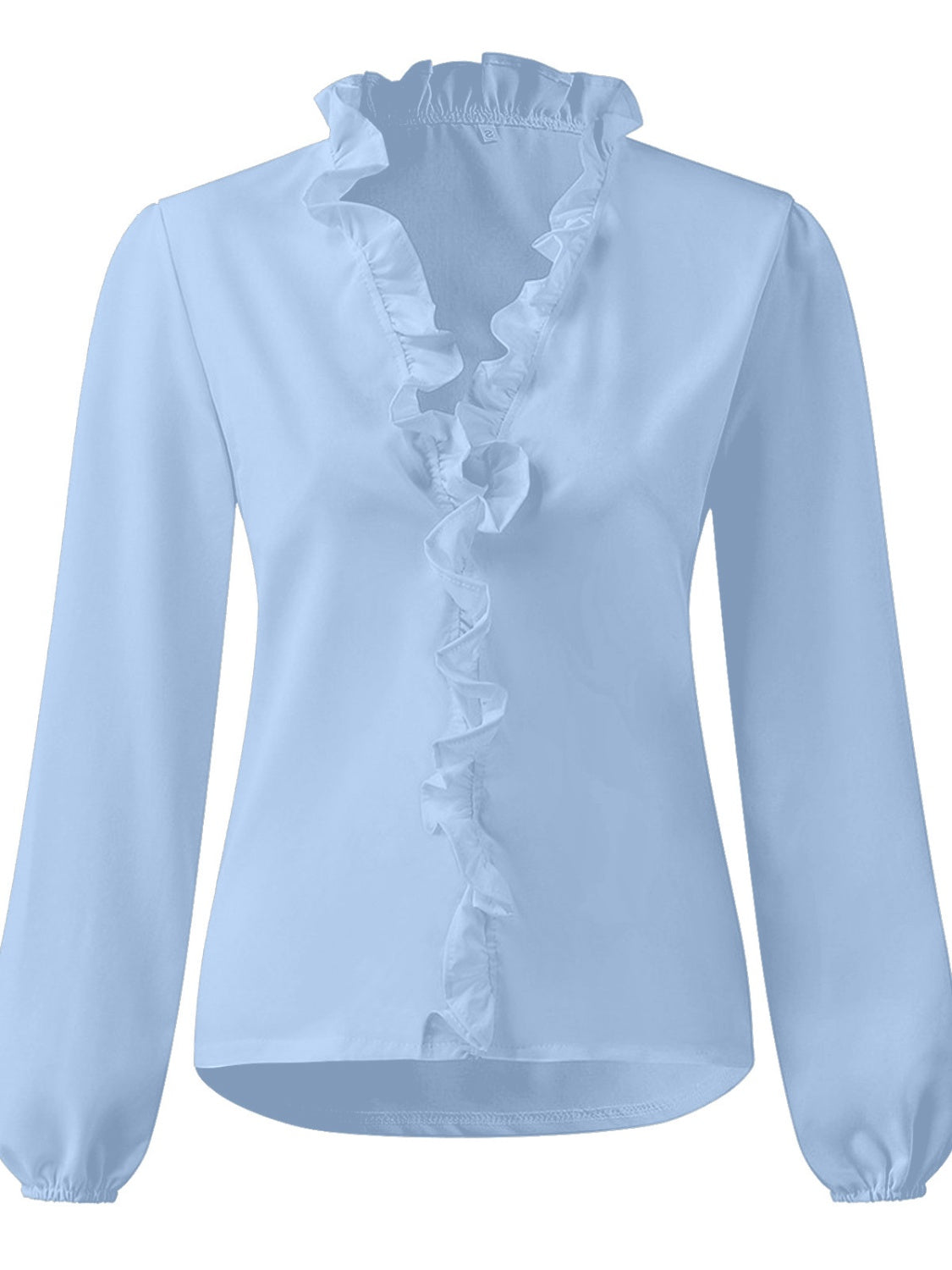 Light blue blouse with cascading ruffle front and balloon sleeves